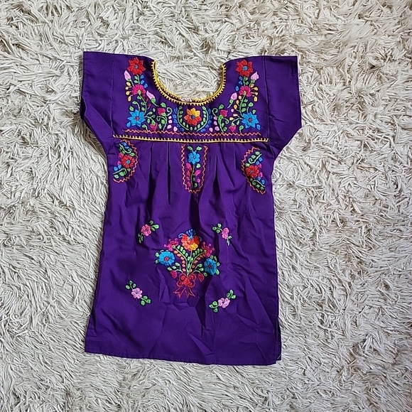Little Girl's Mexican Dress Floral Embroidery Purple Multicolor Toddler Baby - 2 - Picture 2 of 9